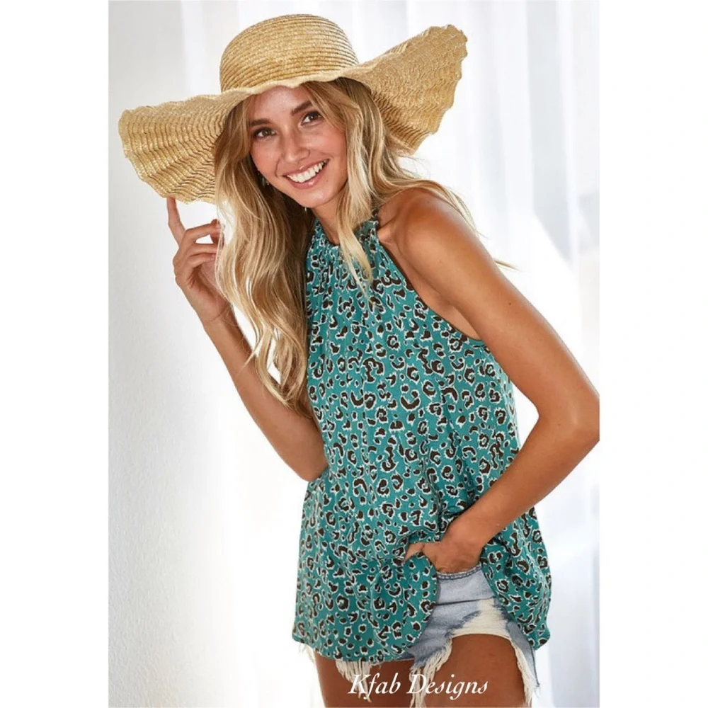 LAST ONE!! Limited Time! Leopard Print Blue Marine Crinkle Halter Top! - Picture 2 of 10